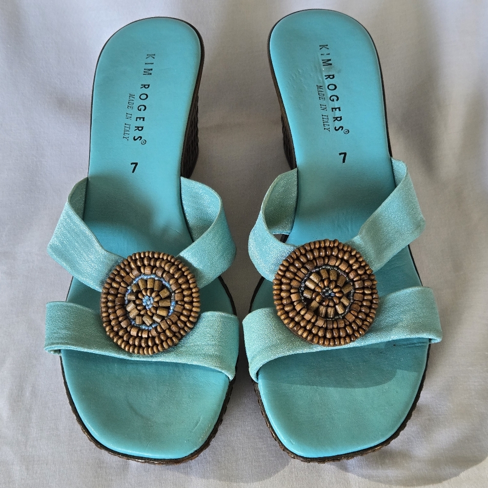 Kim Rogers Aqua Beaded Slip-On Wedge Shoes, Size 7.